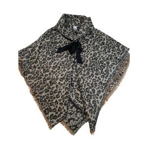 Leopard Cheetah Print Acrylic Poncho Poncho Wrap Raw Hem Fringe Women's M/L